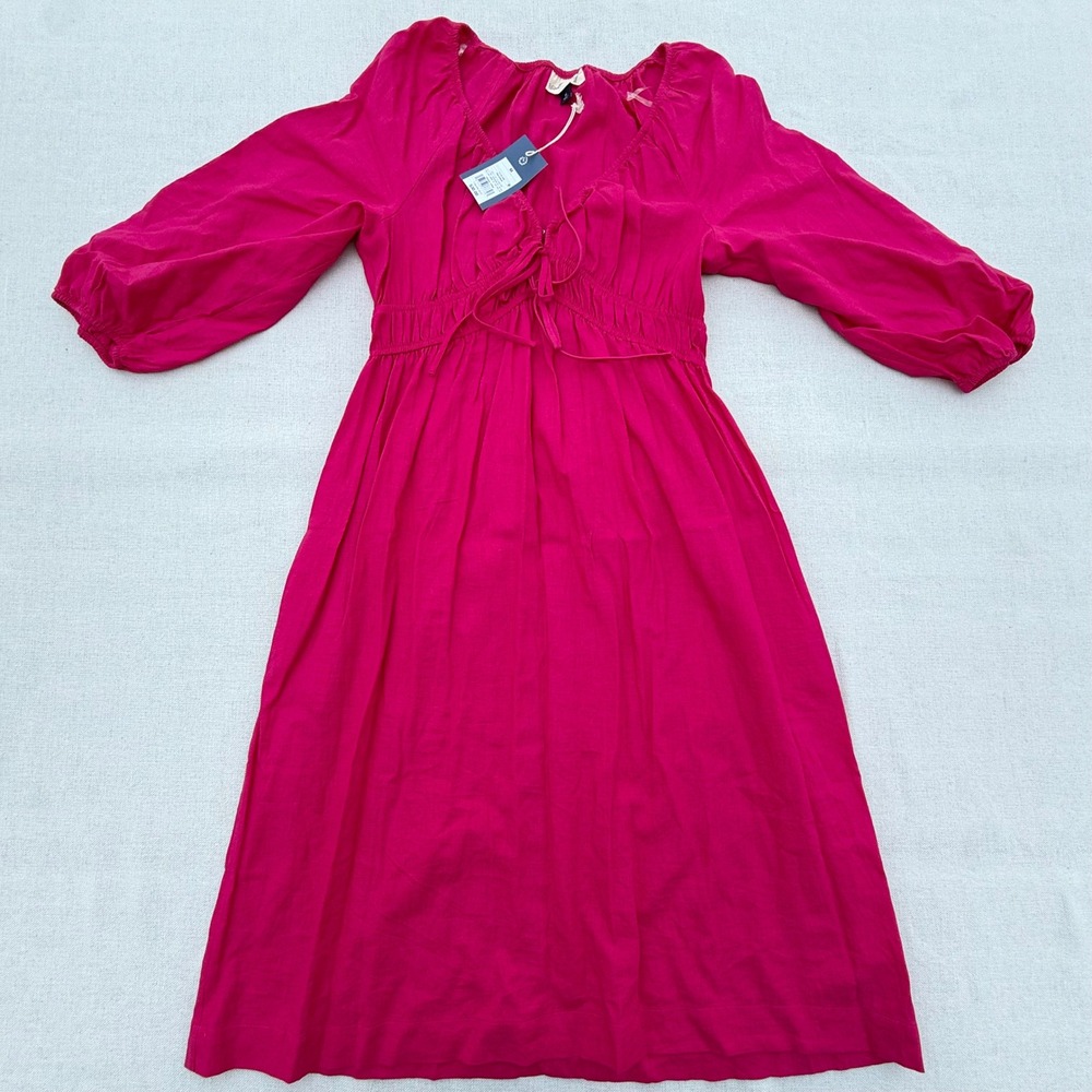 Universal Thread Pink Midi Dress 3/4 Balloon Sleeve Tie Front Smocked Waist M